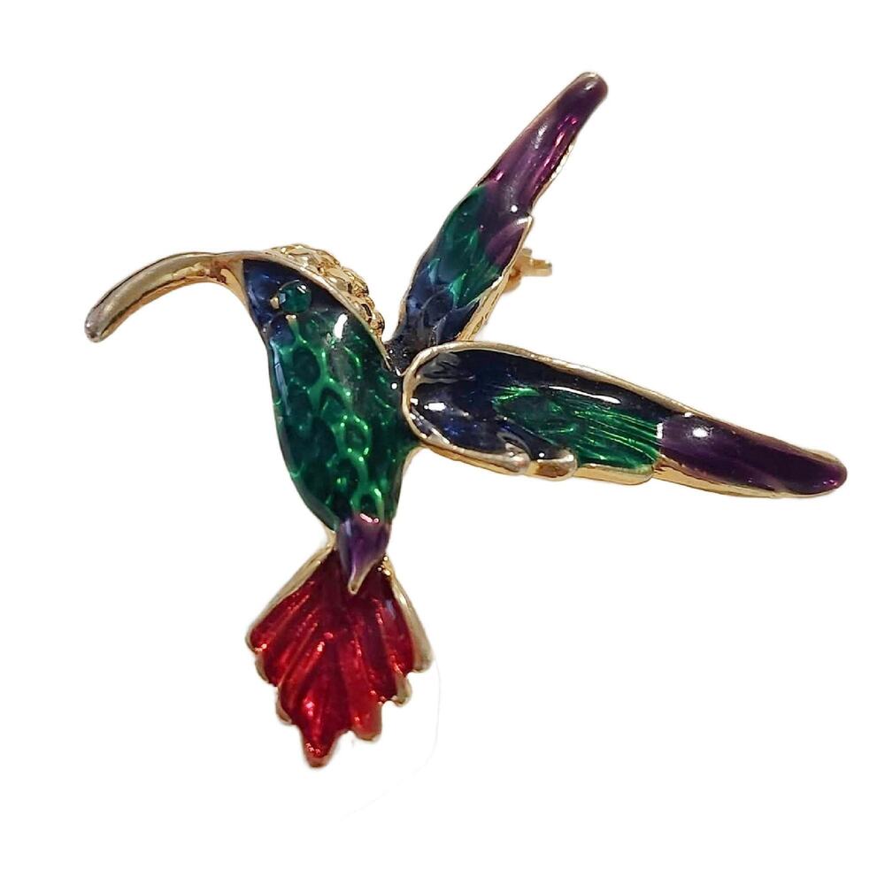 Vintage Enamel & Rhinestone Hummingbird Brooch, 2' Long